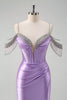 Load image into Gallery viewer, Sparkly Lilac Mermaid Cold Shoulder Tassels Satin Beaded Long Prom Dress with Slit