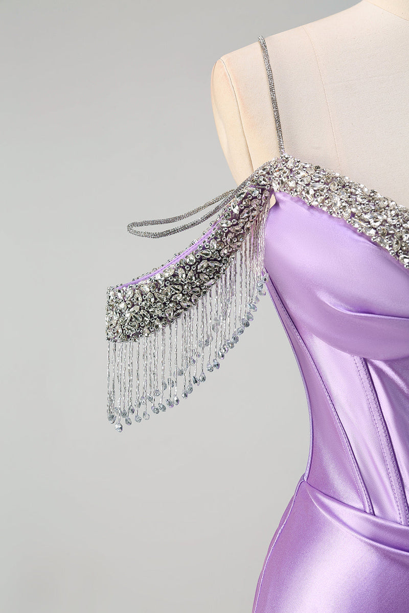 Load image into Gallery viewer, Sparkly Lilac Mermaid Cold Shoulder Tassels Satin Beaded Long Prom Dress with Slit