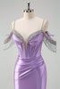 Load image into Gallery viewer, Sparkly Lilac Mermaid Cold Shoulder Tassels Satin Beaded Long Prom Dress with Slit