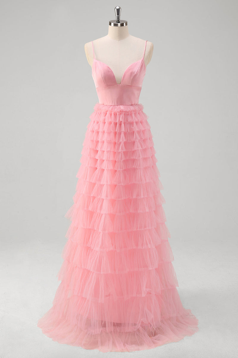 Load image into Gallery viewer, Pink A Line Spaghetti Straps Tulle Tiered Long Prom Dress