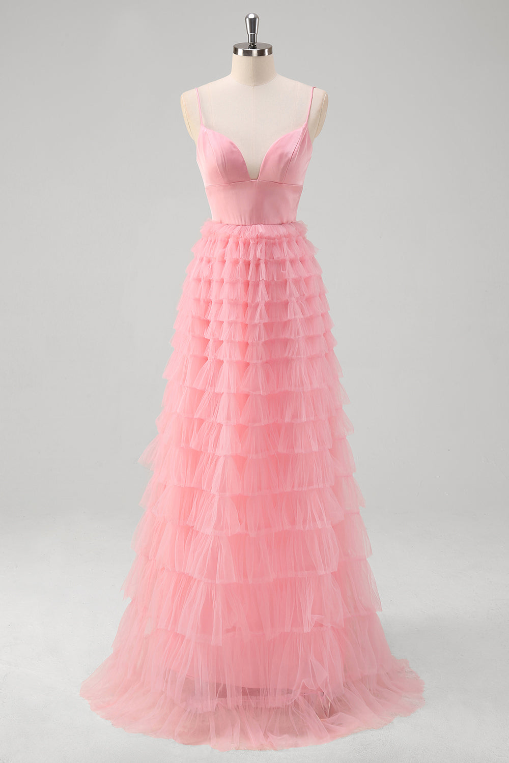 Pink A Line Spaghetti Straps Tulle Tiered Long Prom Dress