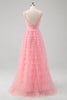 Load image into Gallery viewer, Pink A Line Spaghetti Straps Tulle Tiered Long Prom Dress