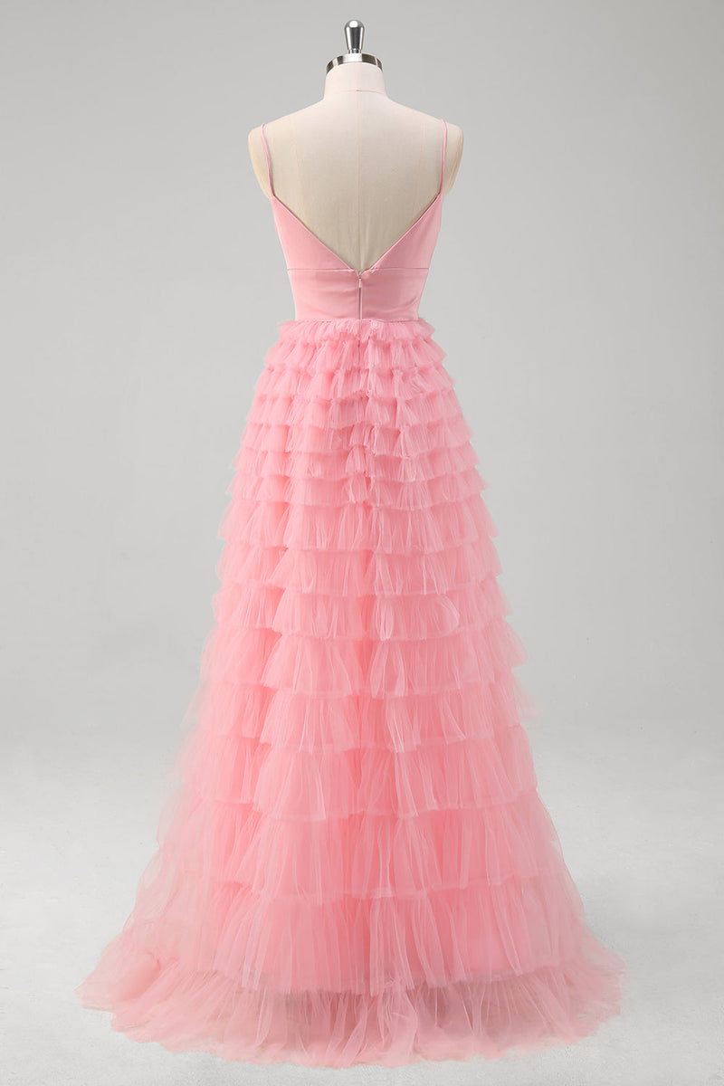 Load image into Gallery viewer, Pink A Line Spaghetti Straps Tulle Tiered Long Prom Dress