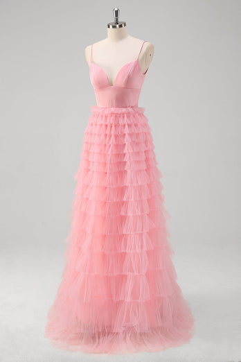 Pink A Line Spaghetti Straps Tulle Tiered Long Prom Dress