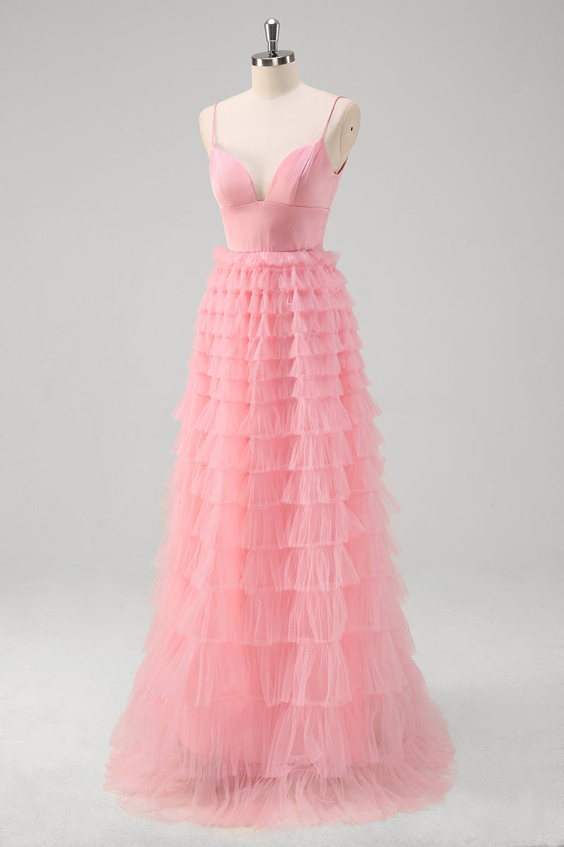 Load image into Gallery viewer, Pink A Line Spaghetti Straps Tulle Tiered Long Prom Dress