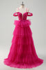 Load image into Gallery viewer, Hot Pink Cold Shoulder A-Line Tulle Tiered Long Prom Dress with Appliques