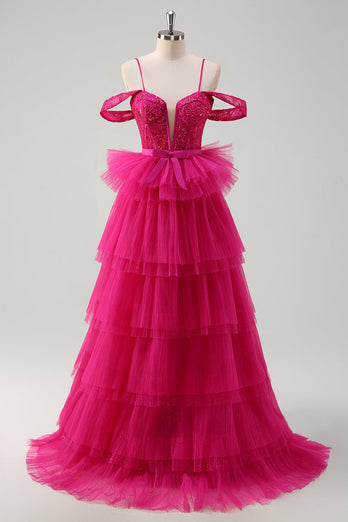 Hot Pink Cold Shoulder A-Line Tulle Tiered Long Prom Dress with Appliques