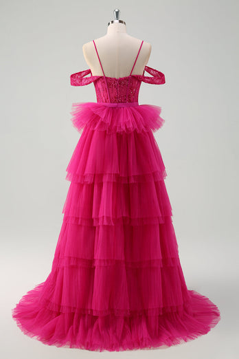 Hot Pink Cold Shoulder A-Line Tulle Tiered Long Prom Dress with Appliques