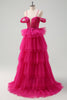 Load image into Gallery viewer, Hot Pink Cold Shoulder A-Line Tulle Tiered Long Prom Dress with Appliques