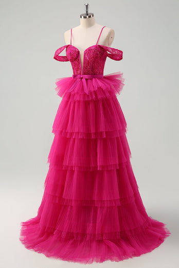 Hot Pink Cold Shoulder A-Line Tulle Tiered Long Prom Dress with Appliques