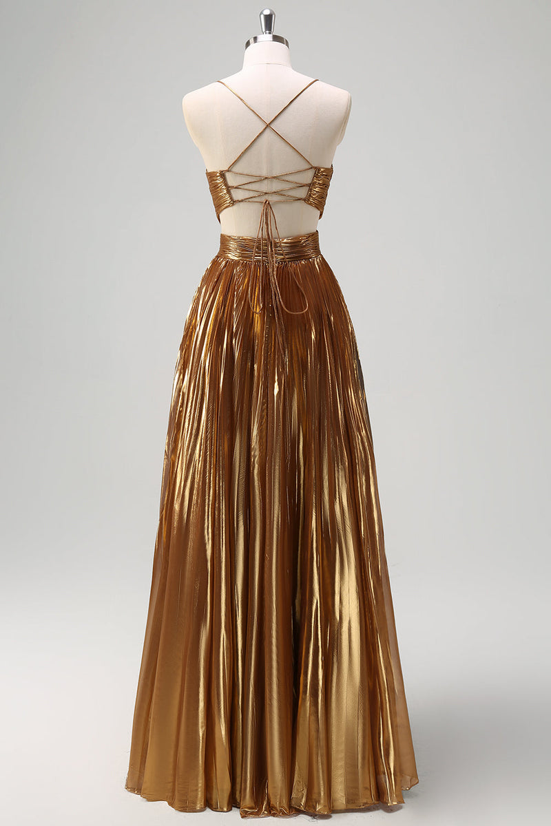 Load image into Gallery viewer, Sparkly Golden A-Line Spaghetti Straps Cut Out Ruched Metallic Long Prom Dress