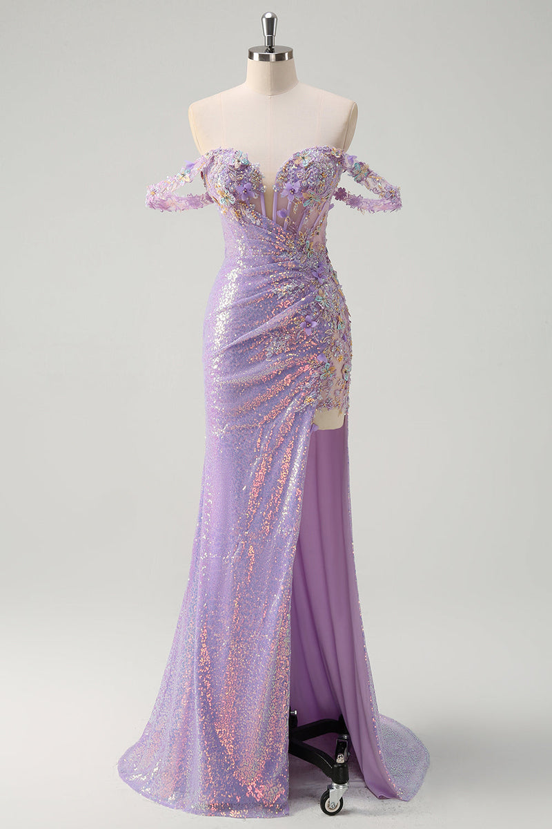 Load image into Gallery viewer, Sparkly Light Purple Mermaid Off The Shoulder Sequin Prom Dress with Slit