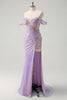 Load image into Gallery viewer, Sparkly Light Purple Mermaid Off The Shoulder Sequin Prom Dress with Slit