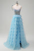 Load image into Gallery viewer, Sparkly Light Blue A-Line Ruffled Beaded Prom Dress with Slit