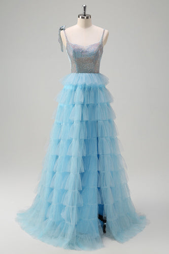 Sparkly Light Blue A-Line Ruffled Beaded Prom Dress with Slit