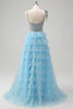 Load image into Gallery viewer, Sparkly Light Blue A-Line Ruffled Beaded Prom Dress with Slit