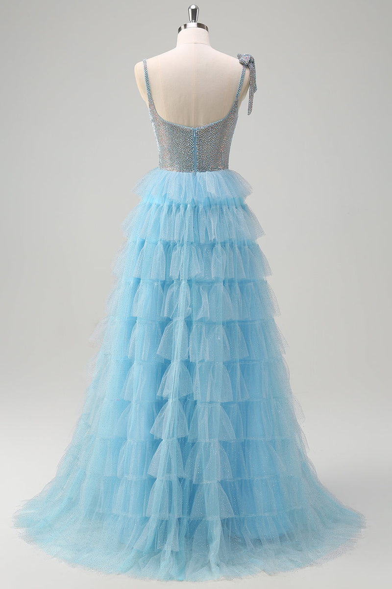 Load image into Gallery viewer, Sparkly Light Blue A-Line Ruffled Beaded Prom Dress with Slit