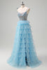 Load image into Gallery viewer, Sparkly Light Blue A-Line Ruffled Beaded Prom Dress with Slit