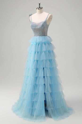 Sparkly Light Blue A-Line Ruffled Beaded Prom Dress with Slit