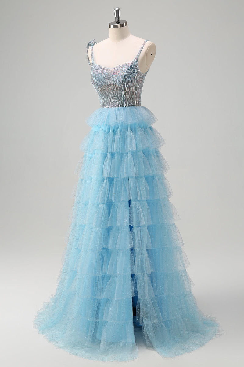 Load image into Gallery viewer, Sparkly Light Blue A-Line Ruffled Beaded Prom Dress with Slit