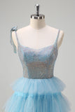 Sparkly Light Blue A-Line Ruffled Beaded Prom Dress with Slit