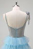 Load image into Gallery viewer, Sparkly Light Blue A-Line Ruffled Beaded Prom Dress with Slit