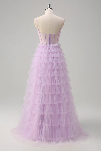 Light Purple A-Line Tiered Corset Sheer Long Prom Dress with Ruffles