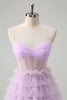 Load image into Gallery viewer, Light Purple A-Line Tiered Corset Sheer Long Prom Dress with Ruffles