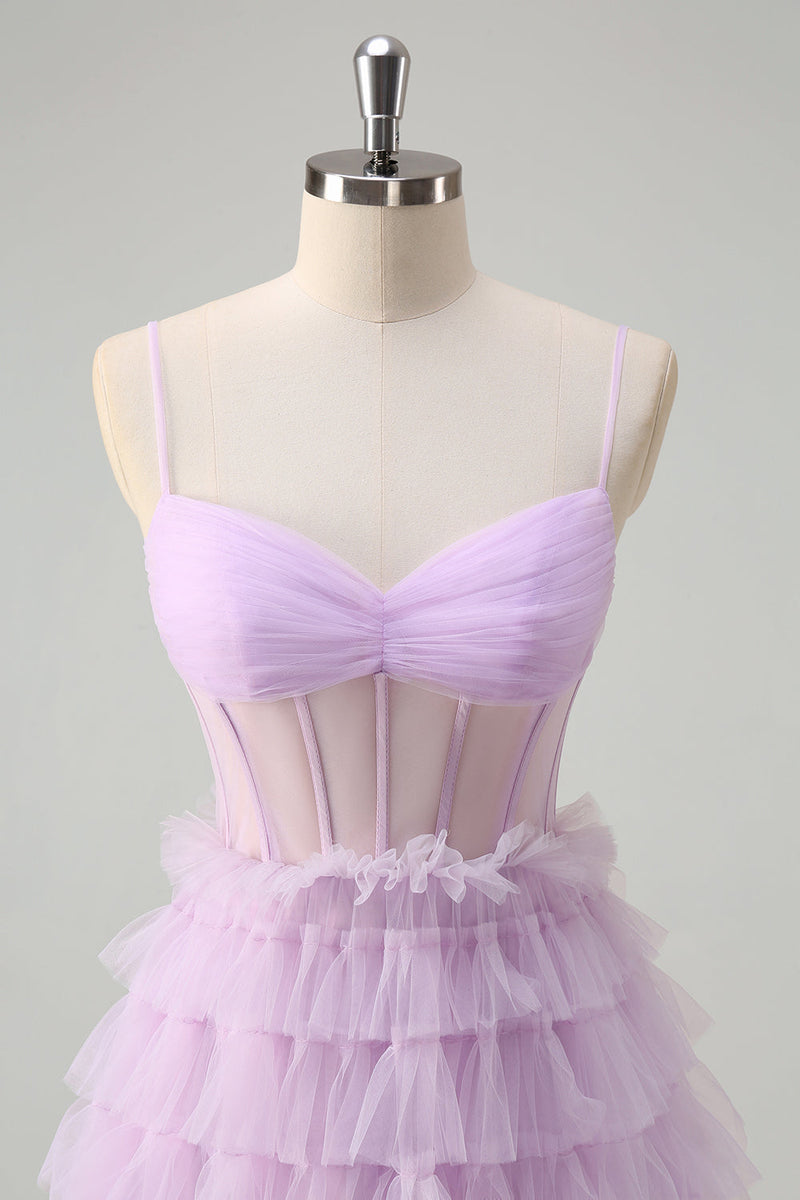 Load image into Gallery viewer, Light Purple A-Line Tiered Corset Sheer Long Prom Dress with Ruffles