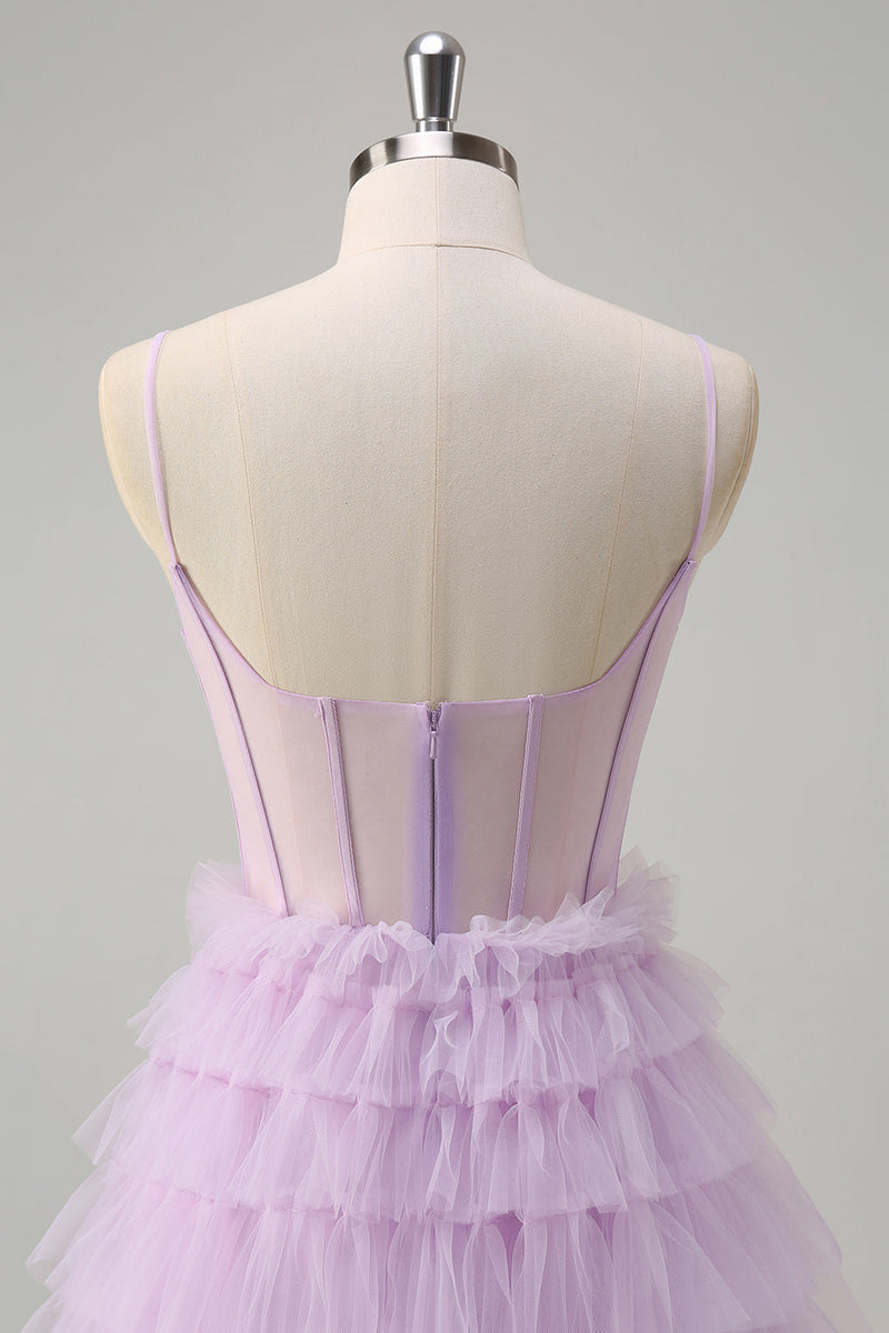 Load image into Gallery viewer, Light Purple A-Line Tiered Corset Sheer Long Prom Dress with Ruffles