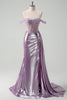 Load image into Gallery viewer, Light Purple Off The Shoulder Watteau Train Mermaid Corset Metallic Prom Dress