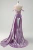 Load image into Gallery viewer, Light Purple Off The Shoulder Watteau Train Mermaid Corset Metallic Prom Dress