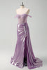 Load image into Gallery viewer, Light Purple Off The Shoulder Watteau Train Mermaid Corset Metallic Prom Dress