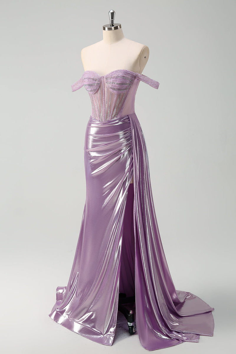 Load image into Gallery viewer, Light Purple Off The Shoulder Watteau Train Mermaid Corset Metallic Prom Dress