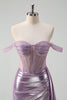 Load image into Gallery viewer, Light Purple Off The Shoulder Watteau Train Mermaid Corset Metallic Prom Dress