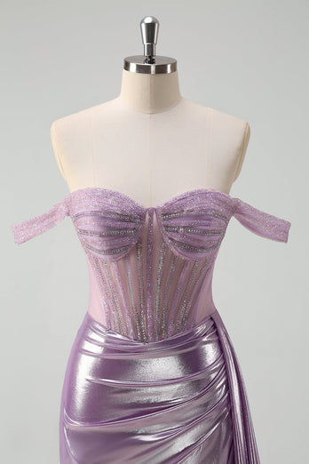 Light Purple Off The Shoulder Watteau Train Mermaid Corset Metallic Prom Dress