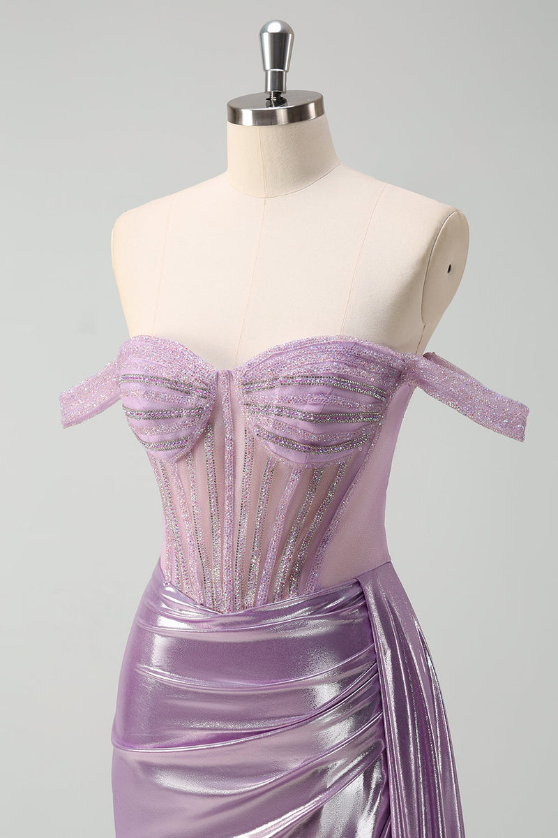 Load image into Gallery viewer, Light Purple Off The Shoulder Watteau Train Mermaid Corset Metallic Prom Dress