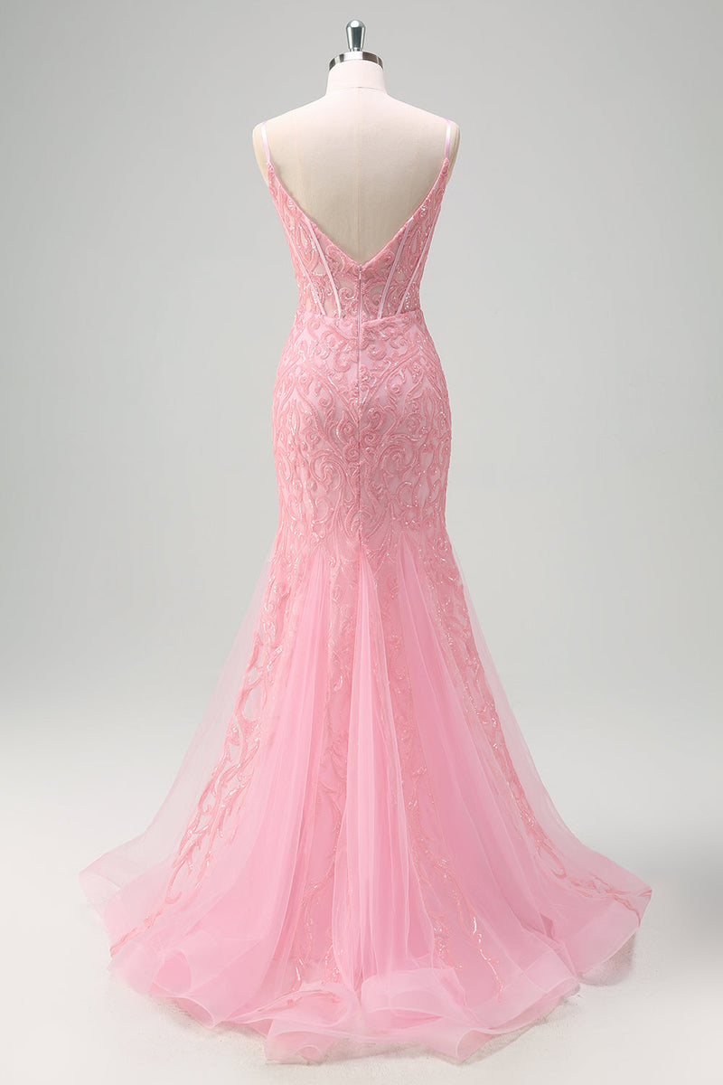 Load image into Gallery viewer, Sparkly Light Pink Mermaid V-Neck Corset Sequin Prom Dress with Slit