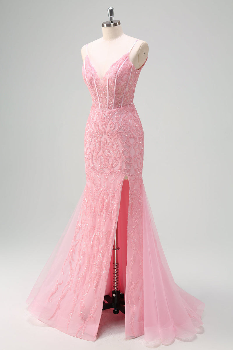 Load image into Gallery viewer, Sparkly Light Pink Mermaid V-Neck Corset Sequin Prom Dress with Slit