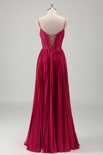 Fuchsia A Line Spaghetti Straps Corset Pleated Prom Dress with Lace Up Back