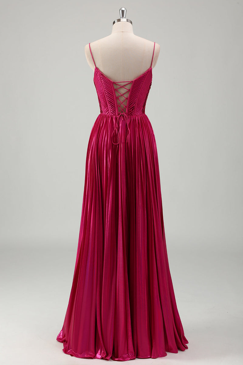 Load image into Gallery viewer, Fuchsia A Line Spaghetti Straps Corset Pleated Prom Dress with Lace Up Back