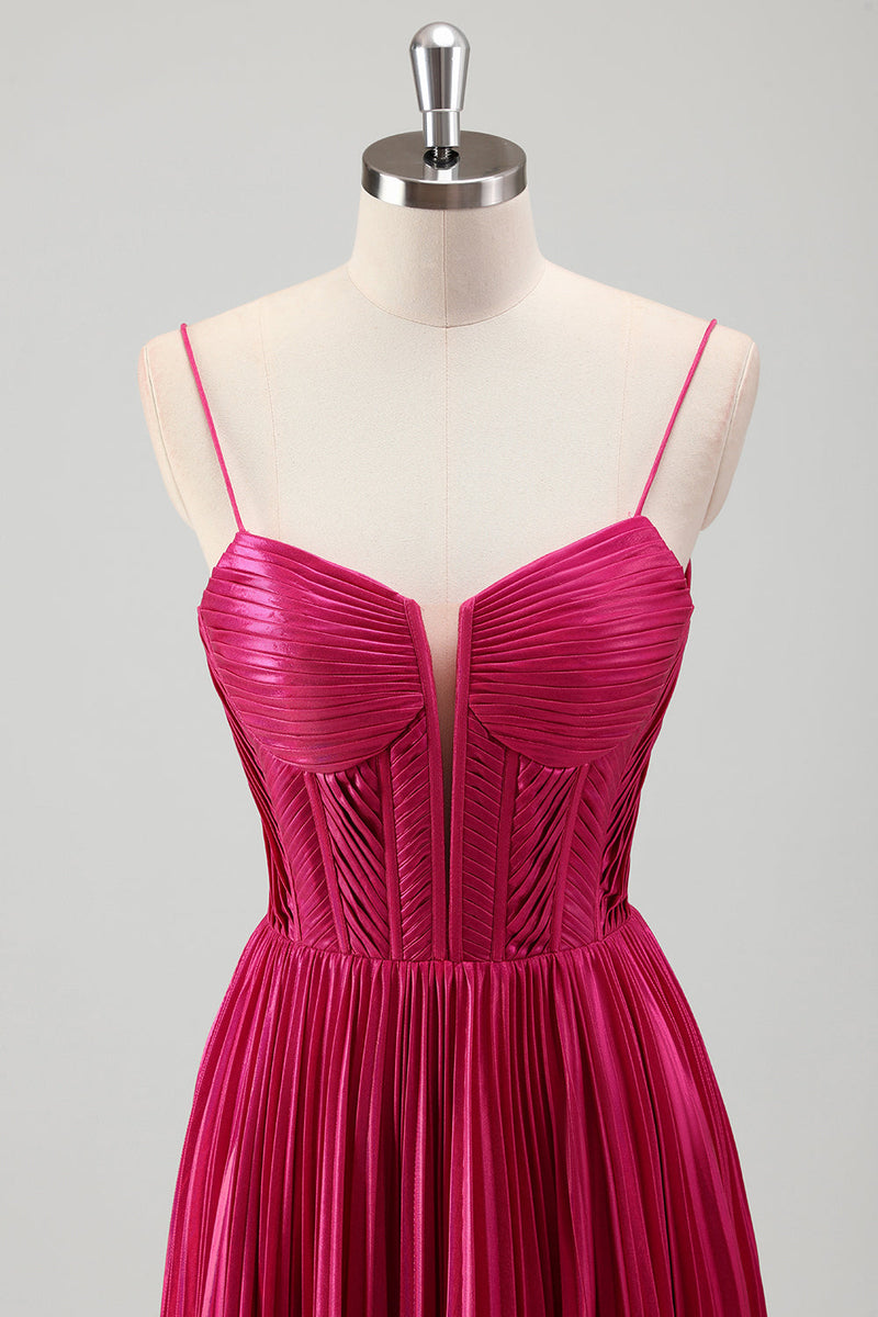 Load image into Gallery viewer, Fuchsia A Line Spaghetti Straps Corset Pleated Prom Dress with Lace Up Back