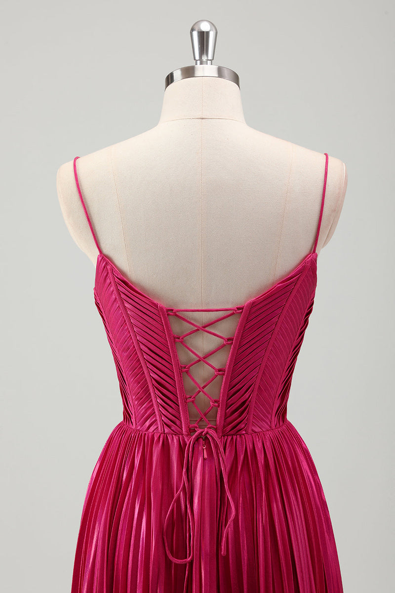 Load image into Gallery viewer, Fuchsia A Line Spaghetti Straps Corset Pleated Prom Dress with Lace Up Back