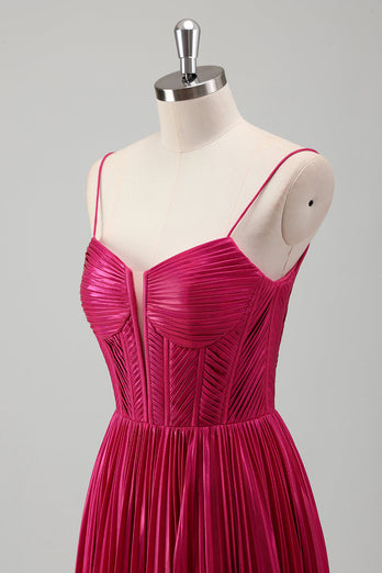 Fuchsia A Line Spaghetti Straps Corset Pleated Prom Dress with Lace Up Back