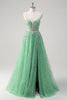 Load image into Gallery viewer, Sparkly Light Green A Line Spaghetti Straps Corset Tulle Prom Dress with Slit