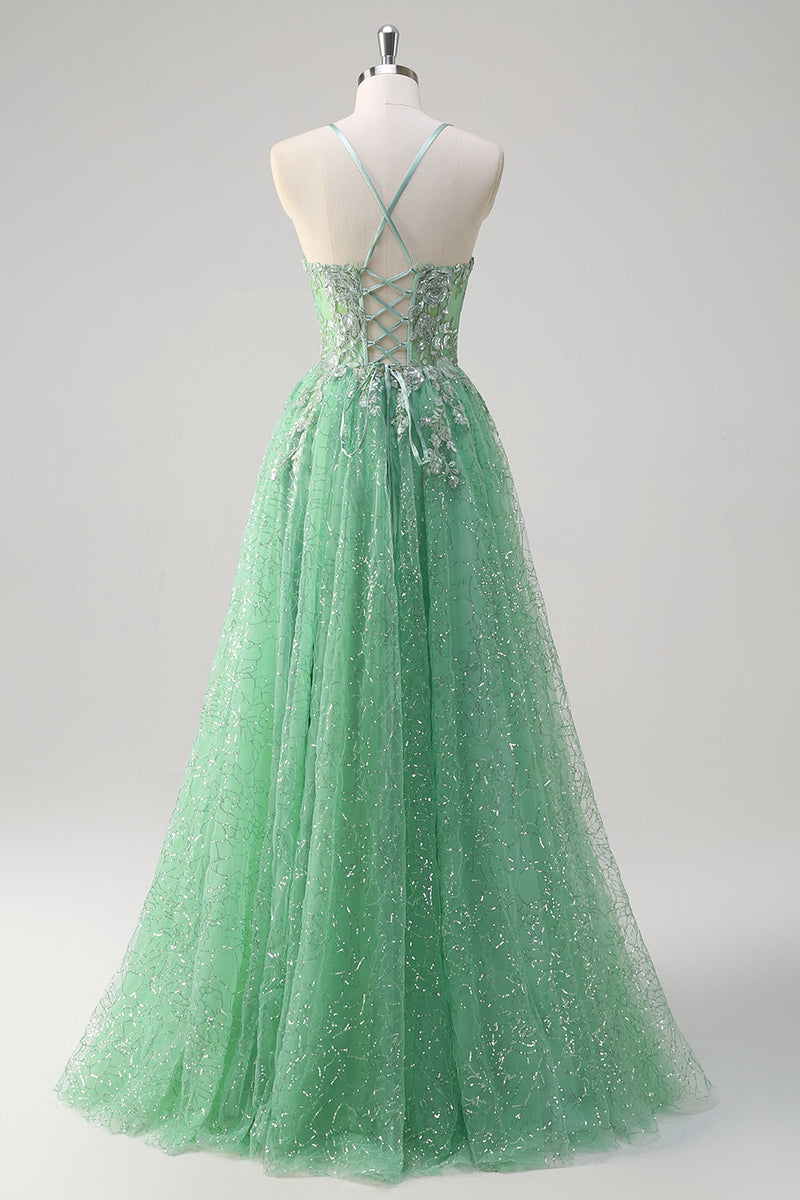 Load image into Gallery viewer, Sparkly Light Green A Line Spaghetti Straps Corset Tulle Prom Dress with Slit