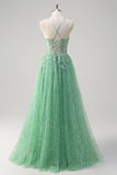 Sparkly Light Green A Line Spaghetti Straps Corset Tulle Prom Dress with Slit