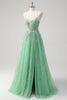 Load image into Gallery viewer, Sparkly Light Green A Line Spaghetti Straps Corset Tulle Prom Dress with Slit