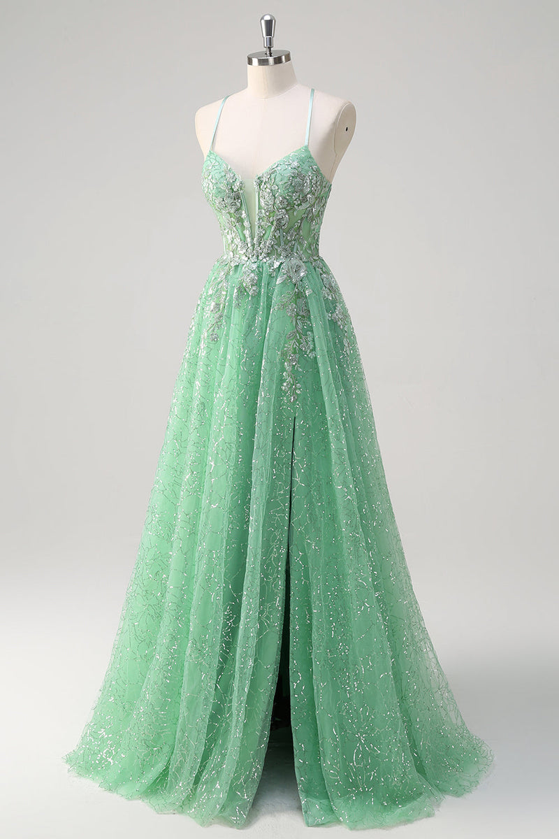 Load image into Gallery viewer, Sparkly Light Green A Line Spaghetti Straps Corset Tulle Prom Dress with Slit