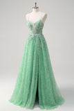 Sparkly Light Green A Line Spaghetti Straps Corset Tulle Prom Dress with Slit